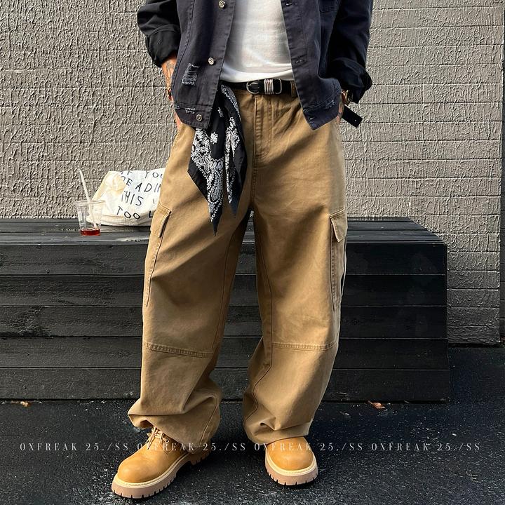 OXFREAK「阿美咔叽 竹节纹理」美式卡其色工装裤男宽松直筒伞兵裤