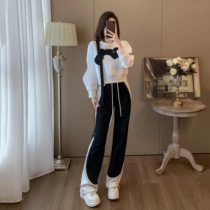 盐系休闲运动套装女秋2025新款洋气显瘦拼色短款卫衣阔腿裤两件套