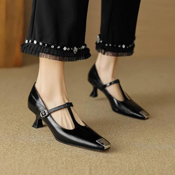 2025新款羊皮小方头丁字带玛丽珍鞋金属头镂空中跟单鞋细跟高跟鞋