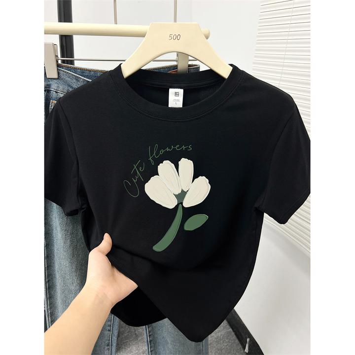 夏季新款花朵印花圆领正肩短袖t恤女大码胖mm遮肚子显瘦黑色上衣