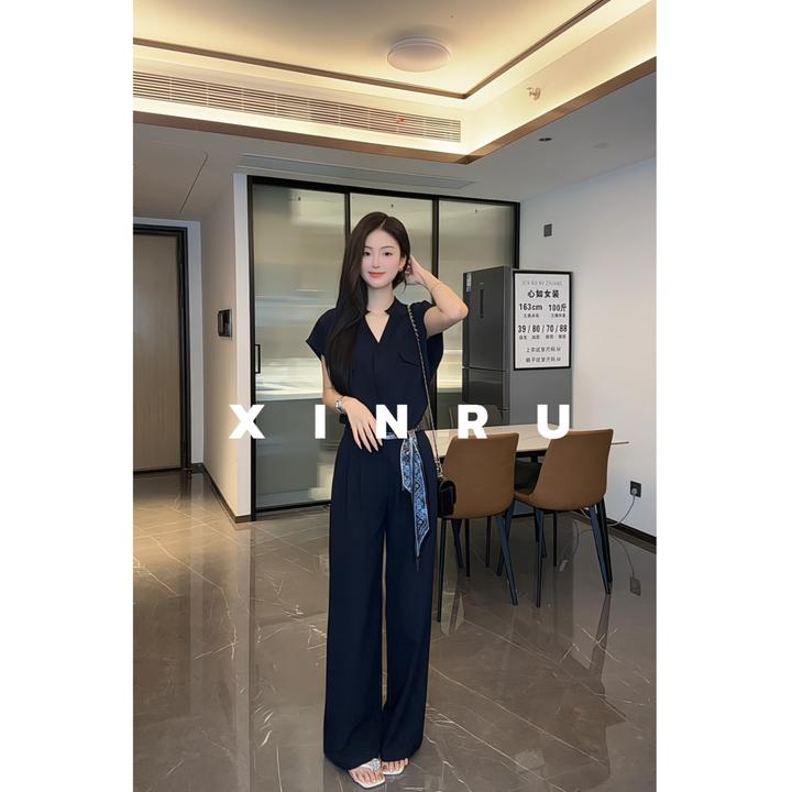 2025夏季新款时尚简约藏蓝色套装女V领短袖上衣+高腰休闲裤两件套