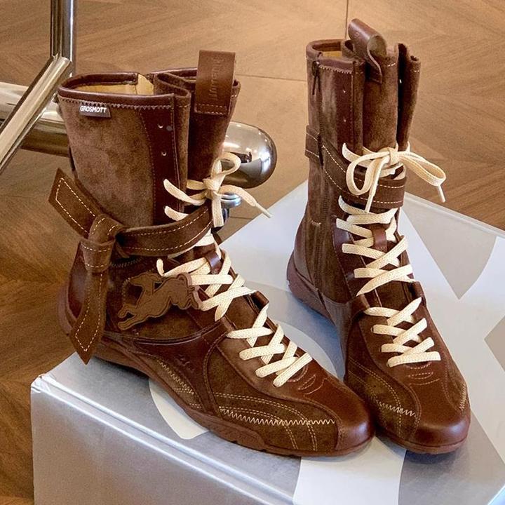 羊皮版~复古时髦拼色内增高5cm猎鸭靴女侧拉链绑带侧拉链拳击靴