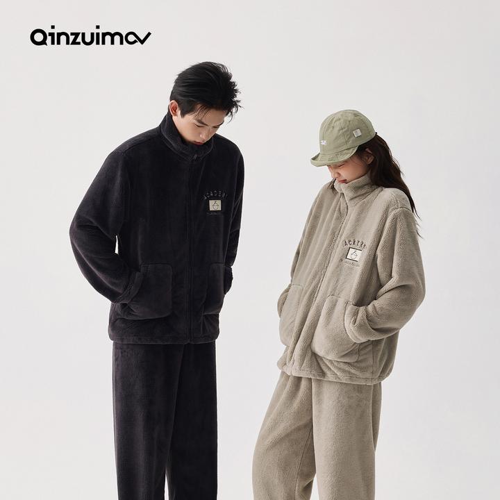 亲嘴猫暖暖绒可外穿休闲长袖保暖连帽情侣加厚睡衣家居服套装秋冬