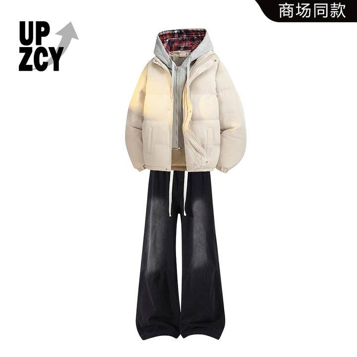 UPZCY假两件格子棉服男士冬季潮流痞帅牛仔裤两件套轻奢休闲男装