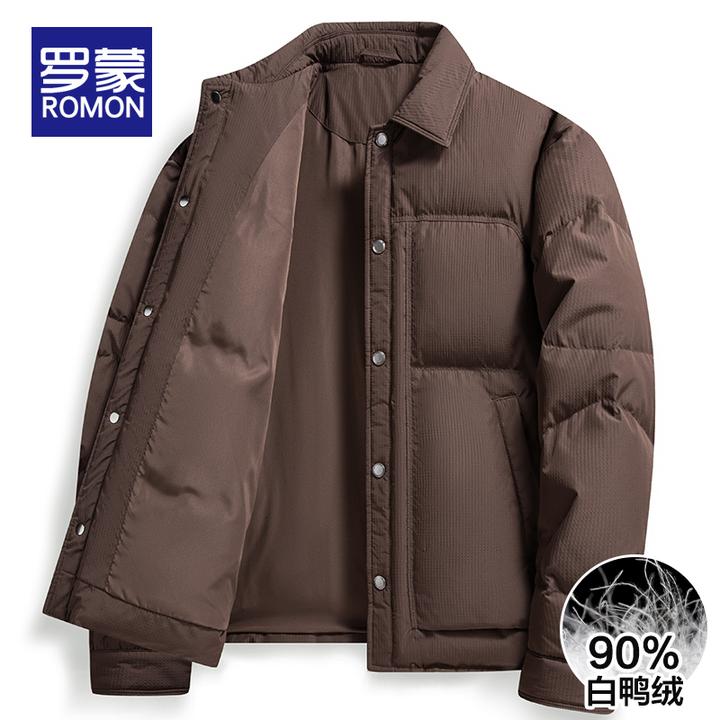 罗蒙男士短款羽绒服冬季新款美式复古翻领男装保暖鸭绒上衣服外套