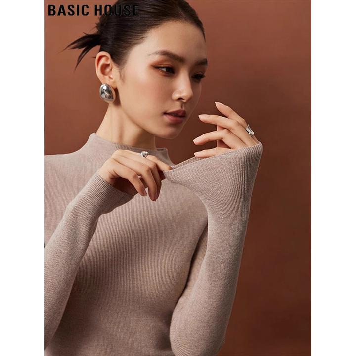 Basic House/百家好软糯含羊毛半高领长袖针织衫女秋冬打底衫毛衣