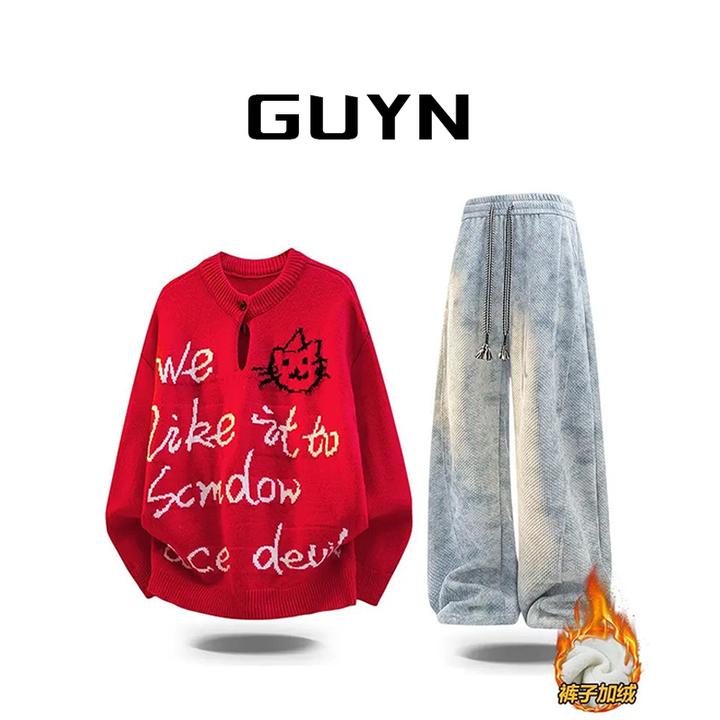 【暴力熊】圣诞节本命年红色毛衣男女款冬季青少年慵懒风毛线衣外套