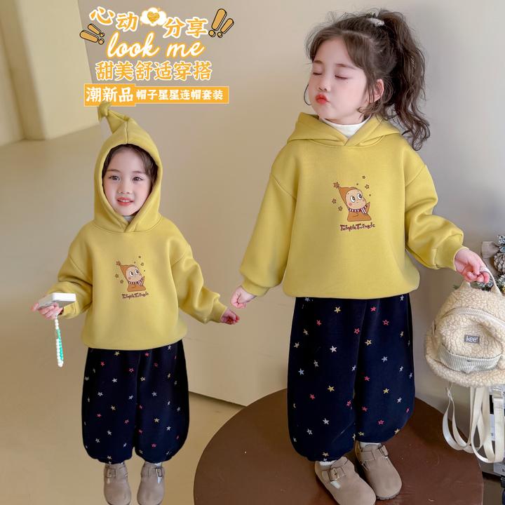 小女童加绒加厚卫衣卫裤两件套洋气宝宝连帽小童女宝冬季保暖休闲