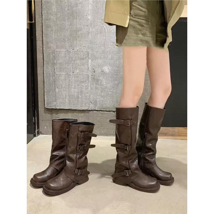 网红同款增高6cm皮带扣圆头中筒骑士靴女时髦西部褶皱堆堆裤管靴