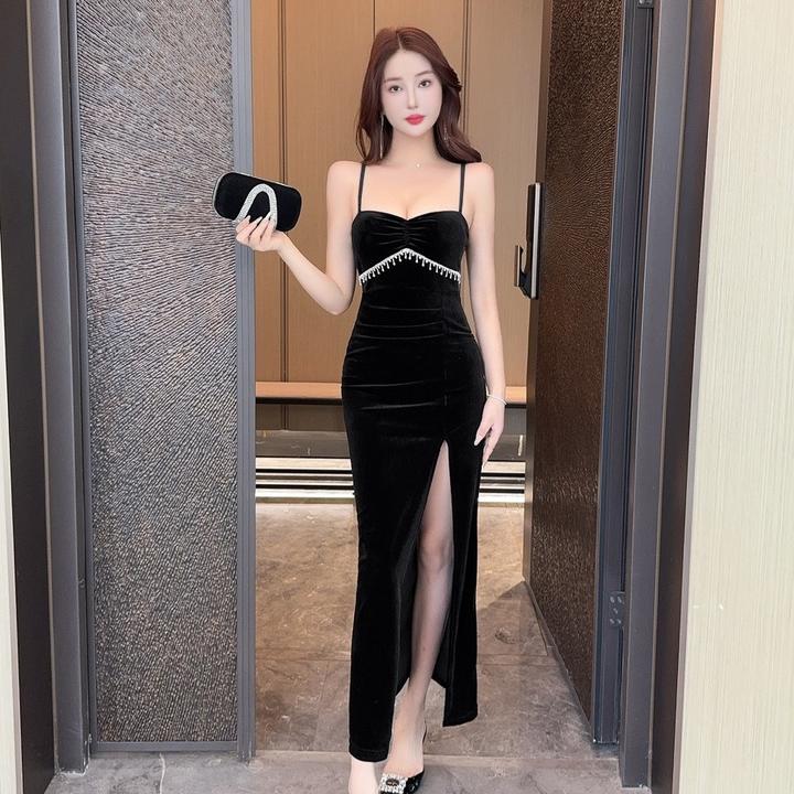 法式名媛性感低胸V领高开叉礼服长裙辣妹丝绒流苏吊带白天连衣裙