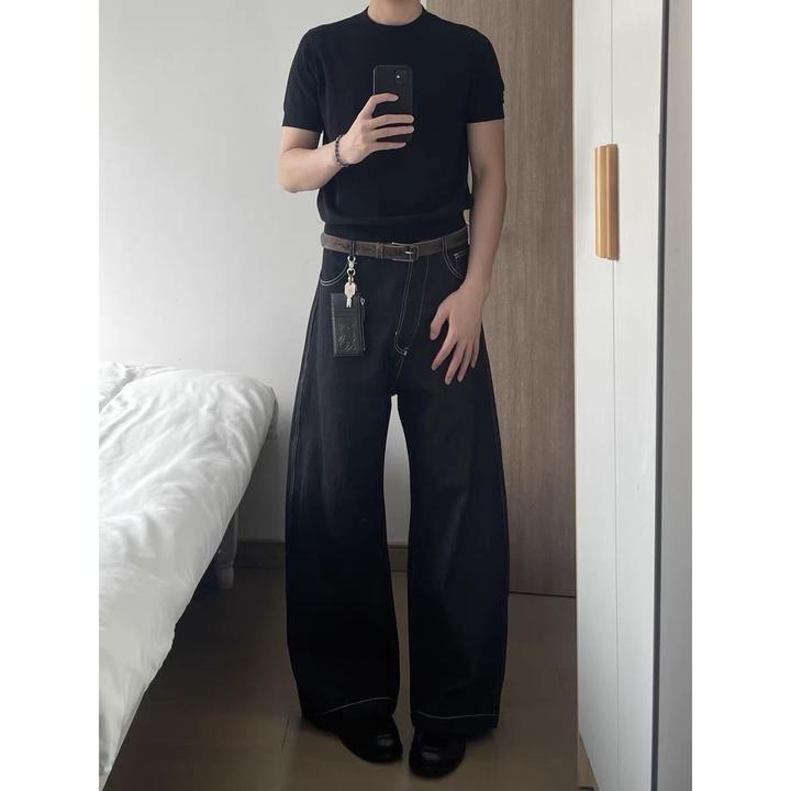 美式覆古斜门襟原牛丹宁弯刀牛仔裤男女高街宽松直筒微喇香蕉长裤