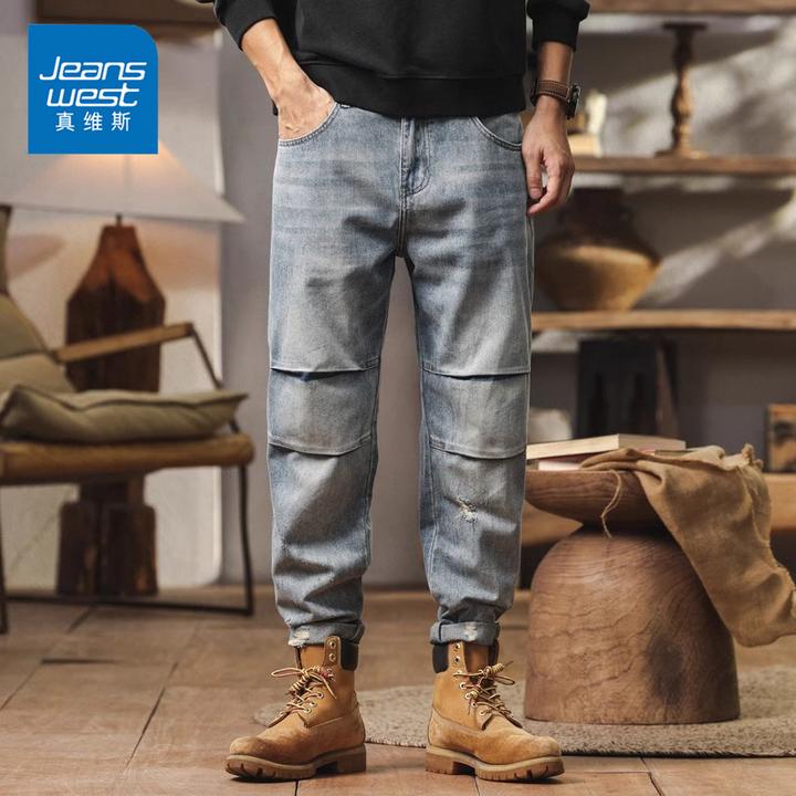 Jeanswest/真维斯美式工装牛仔裤男士秋冬季潮牌宽松百搭直筒裤子