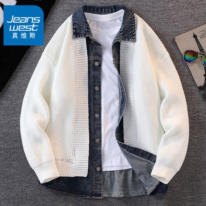 真维斯季牛仔拼接衬衫领假两件针织开衫外套男青少年宽松韩版毛衣