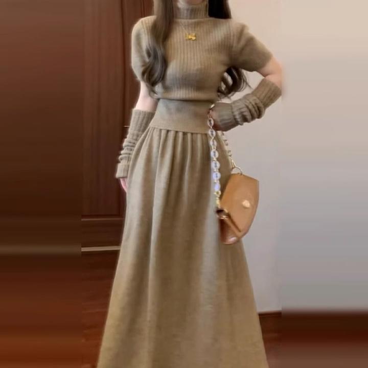 2025新款小香风miu系穿搭配一整套针织连衣裙子女秋冬季套装长裙