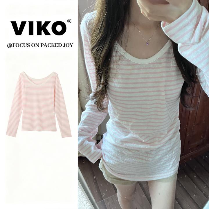 甜美外穿小衫正肩修身粉色条纹长袖T恤女秋季上衣防晒慵懒风罩衫