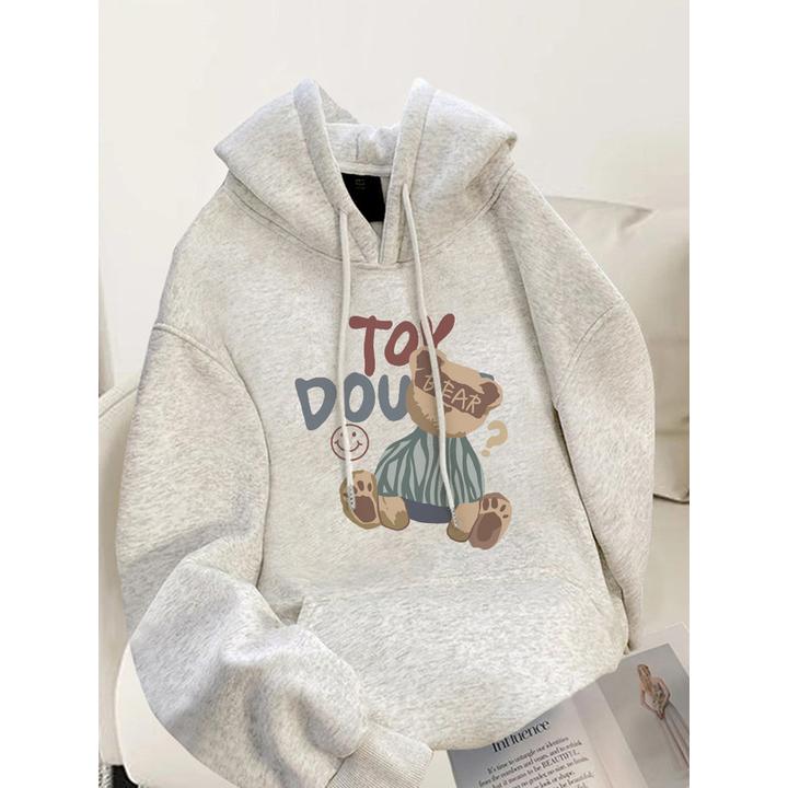 灰色小熊连帽加绒卫衣女2025秋冬新款爆款宽松大码上衣加厚帽衫潮
