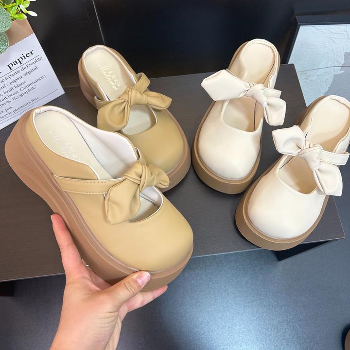 包头半拖鞋女外穿2025春夏新款法式晚风配裙子百搭蝴蝶结厚底凉拖