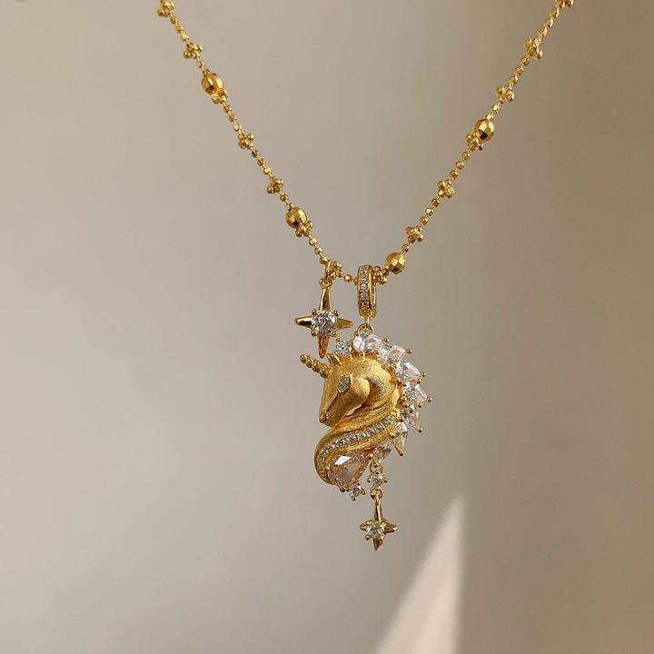 铜合金项链 以梦为马金色独角兽项链女复古小众设计高级感锁骨链