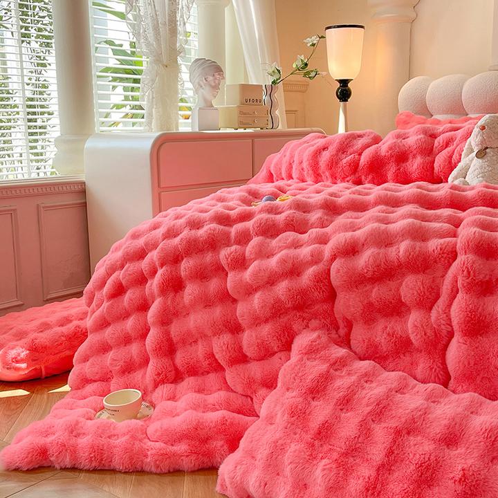 轻奢高级感兔毛绒四件套冬季加厚牛奶绒被套珊瑚绒床单款床上用品