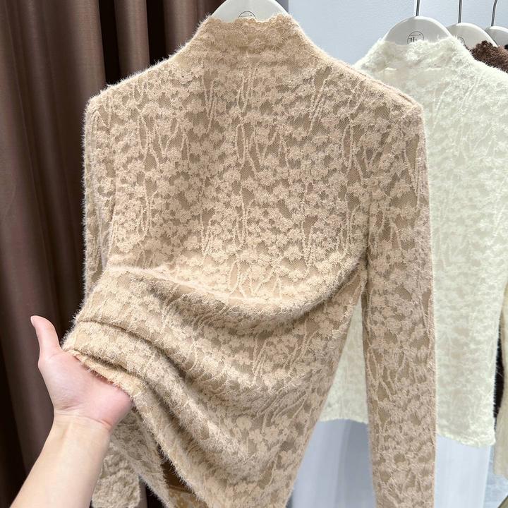 复古卡其色小立领保暖上衣2025秋冬爆款高级感磨毛内搭修身蕾丝衫