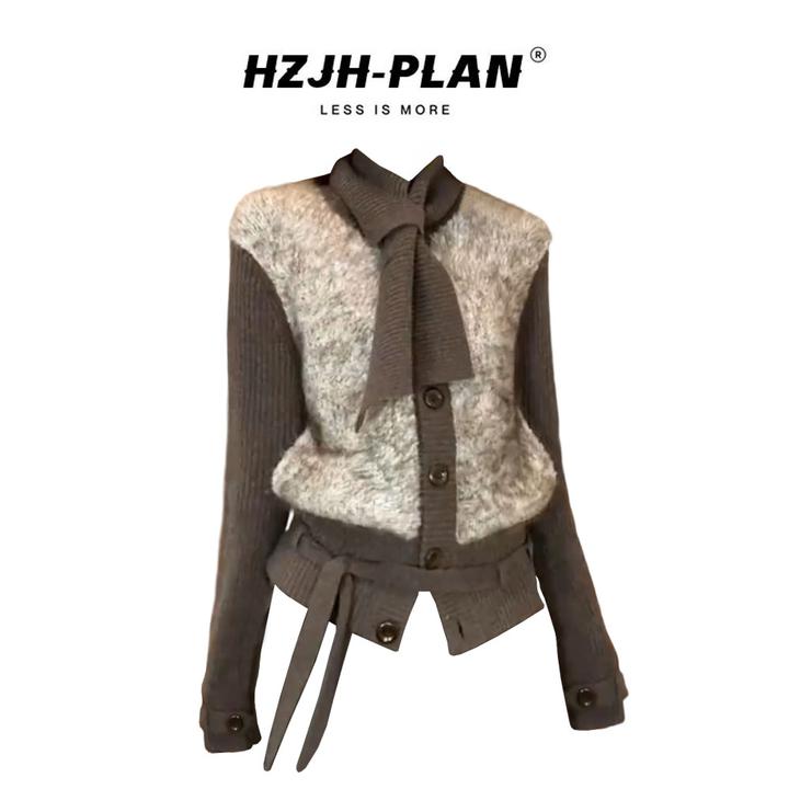 美拉德复古绒毛撞色围领短外套女秋冬新款小众设计感针织拼接上衣