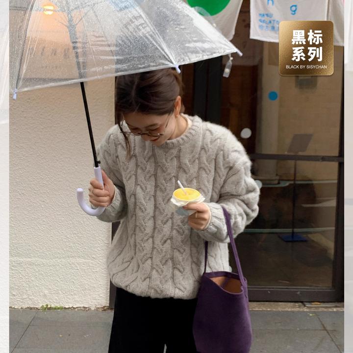 莉贝琳sisy黑标麻花毛衣宽松慵懒风圆领针织衫S25412SW11