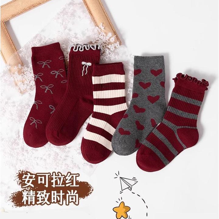 女童袜子秋冬款安可拉红花边中筒甜美袜女孩宝宝堆堆韩系儿童潮袜