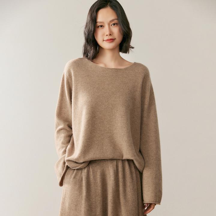 冬季新款女装圆领卷边宽松羊绒衫上衣纯色百搭打底衫气质针织毛衣