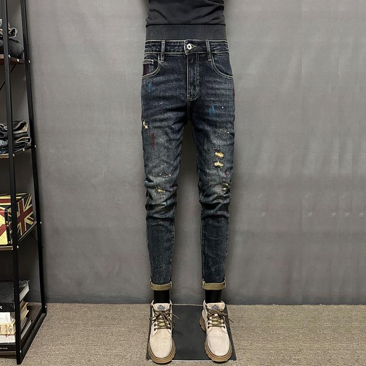 秋冬款破洞牛仔裤男九分弹力补丁泼墨休闲修身小脚长裤男潮流水洗
