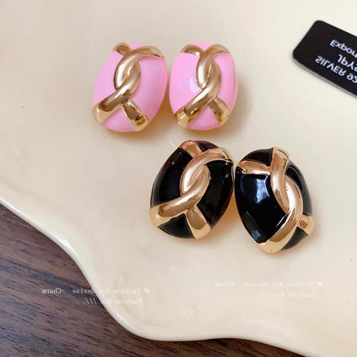 铜合金锆石耳饰 银针交叉椭圆耳钉法式复古宫廷风耳环时尚气质耳