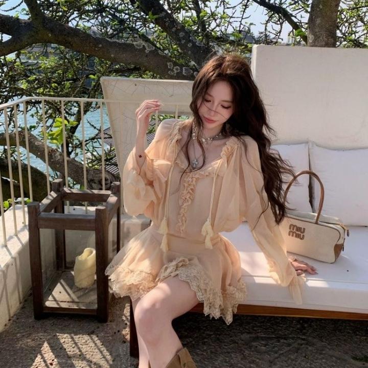 南法假日法式纯欲风花边微透纯欲宽松连衣裙+打底吊带两件套套装