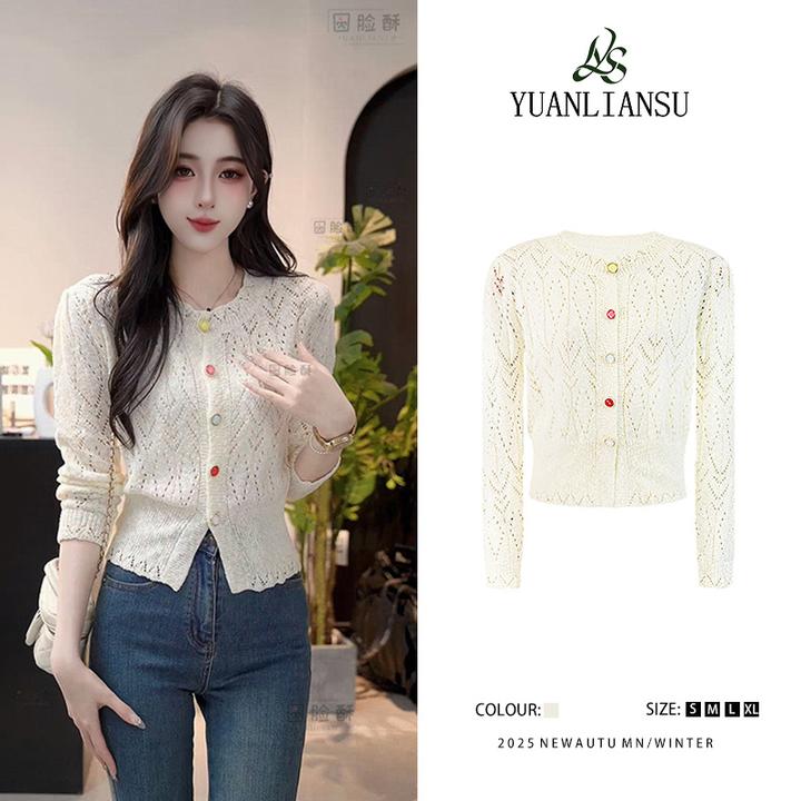 【油画栀子】春季温柔百搭钩花镂空单排扣针织衫