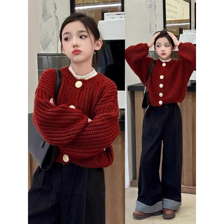 巴拉巴拉恩女童毛衣外套秋冬2025新款女大童加绒红色针织儿童初中