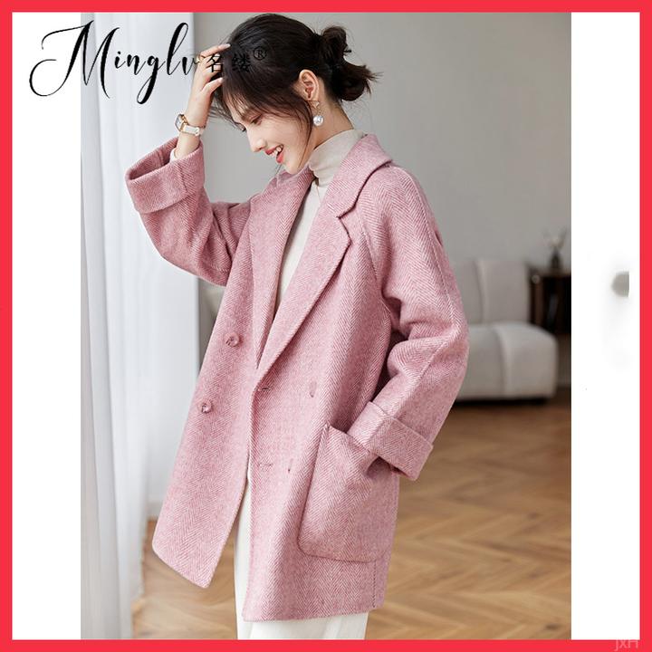 新款轻奢外套2025流行时尚今年中长款粉色小清新呢大衣女宽松双面