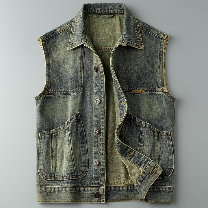 DeweLvum潮牌复古机车牛仔马甲男高级感修身工装无袖马夹背心男装