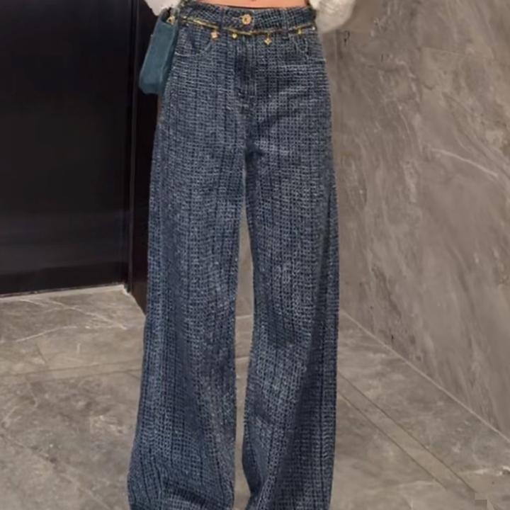 韩版重工烫钻毛边牛仔裤女2025秋季港味洋气设计感显瘦阔腿长裤子