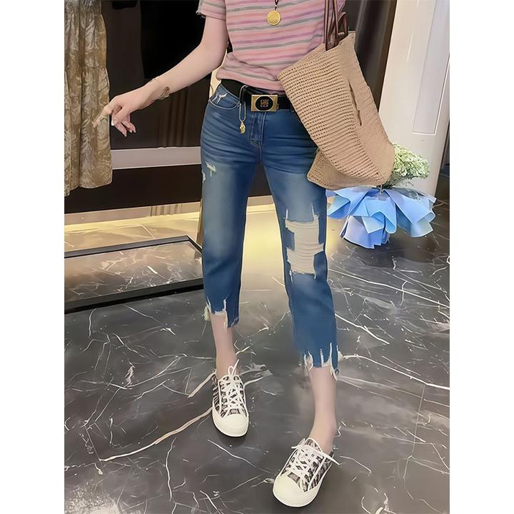 2025年新款破洞牛仔裤女夏季薄款高腰弹力显瘦小个子八分烟管裤子
