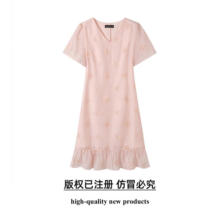 奢姿大码女装2025夏季减龄镂空荷叶摆时尚裙子胖妹妹V领连衣裙