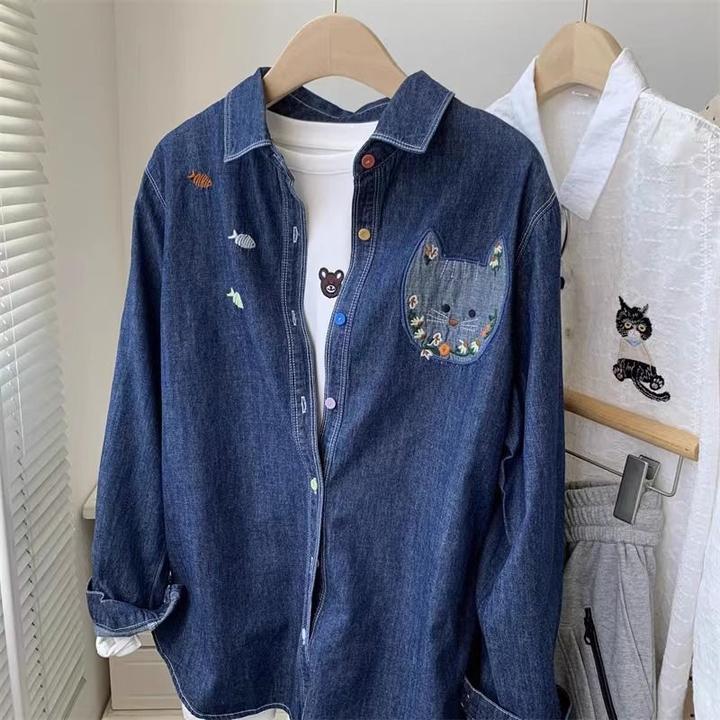 特大码300斤宽松水洗刺绣牛仔衬衫女春秋胖mm慵懒风显瘦衬衣外套2