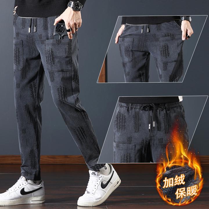 秋冬潮牌高级感休闲裤男士新款轮胎印提花束脚加绒裤子宽松高弹力