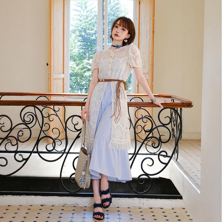 MIUCO巨好看镂空罩衫格子高腰中长裙吊带连衣裙套装