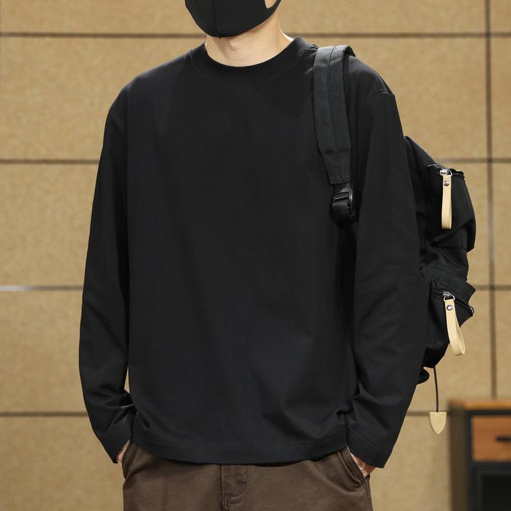 日系cityboy重磅260g长袖t恤男宽松大码百搭纯色内搭打底衫上衣潮