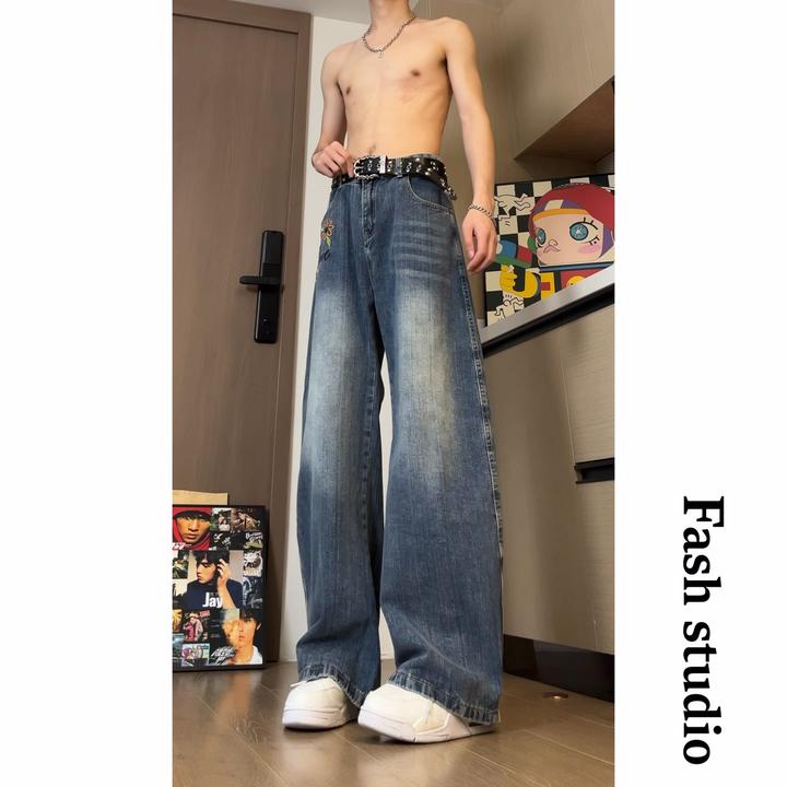 美式复古水洗卡通刺绣弯刀牛仔裤男女街头潮牌宽松痞帅休闲阔腿裤