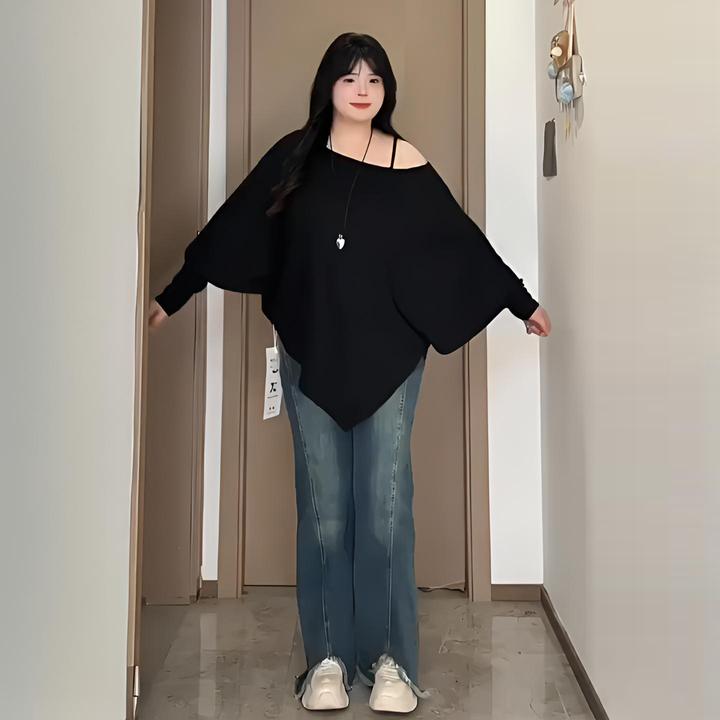 300斤大码女装韩系温柔风一字肩长袖针织衫女胖mm不规则露肩上衣