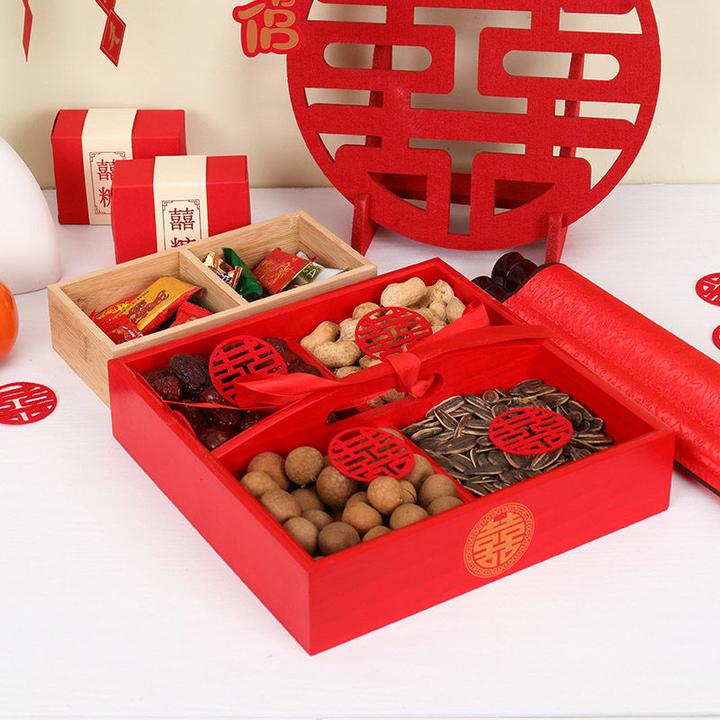 结婚干果盒客厅零食坚果收纳盒订婚摆件四宫格干果盒早生贵子盘