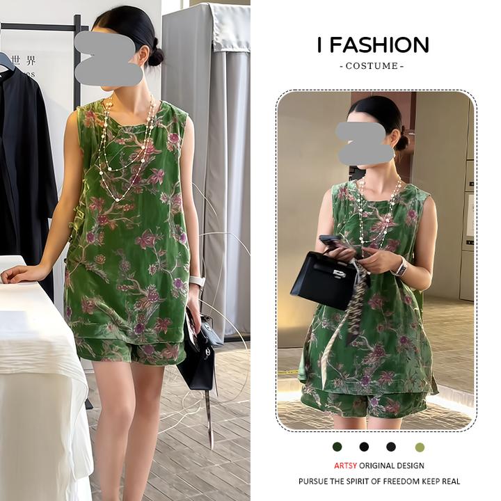 时尚复古国风套装女2025夏季新款减龄气质无袖上衣阔腿短裤两件套