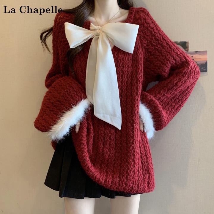 拉夏贝尔复古红色V领蝴蝶结毛衣女冬季大码胖mm中长款针织衫上衣