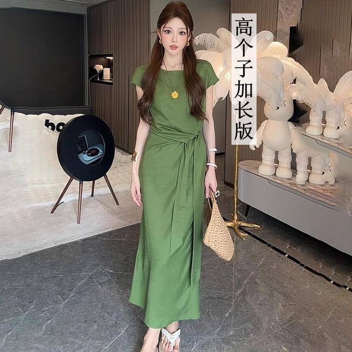高个子加长款连衣裙夏季新款设计感老钱风束腰显瘦亚麻气质长裙子