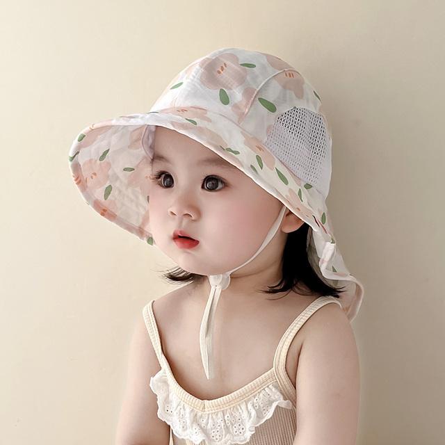 宝宝防晒帽子夏季薄款时尚大檐婴儿太阳渔夫帽女童网眼披肩遮阳帽