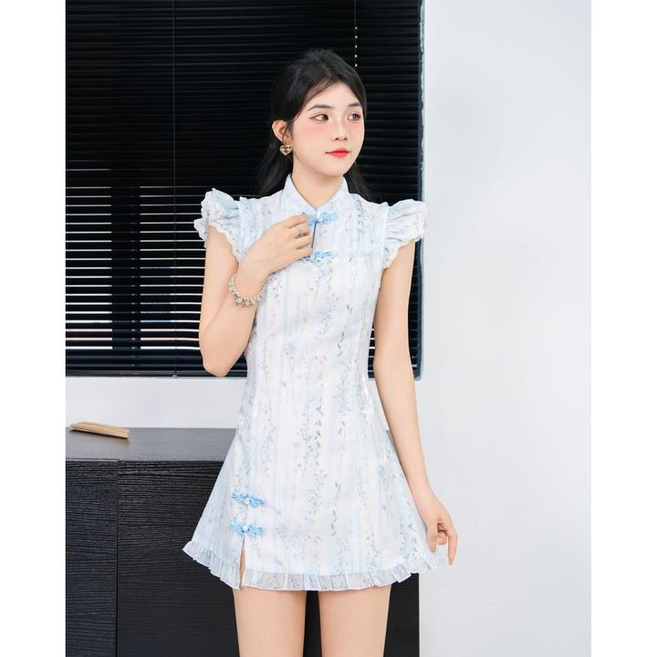 ZIYU.ZHIYI ◆新中式气质飞飞袖中式旗袍设计师短裙法式碎花 152蓝